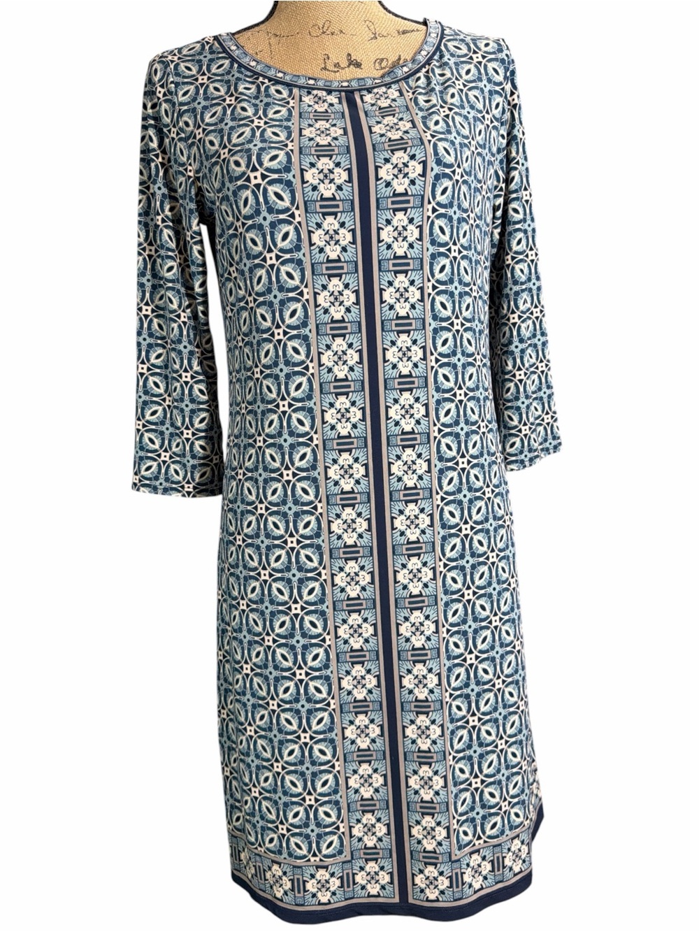 Max Studio Blue & White Printed Knee-Length Dress. EC. Size medium